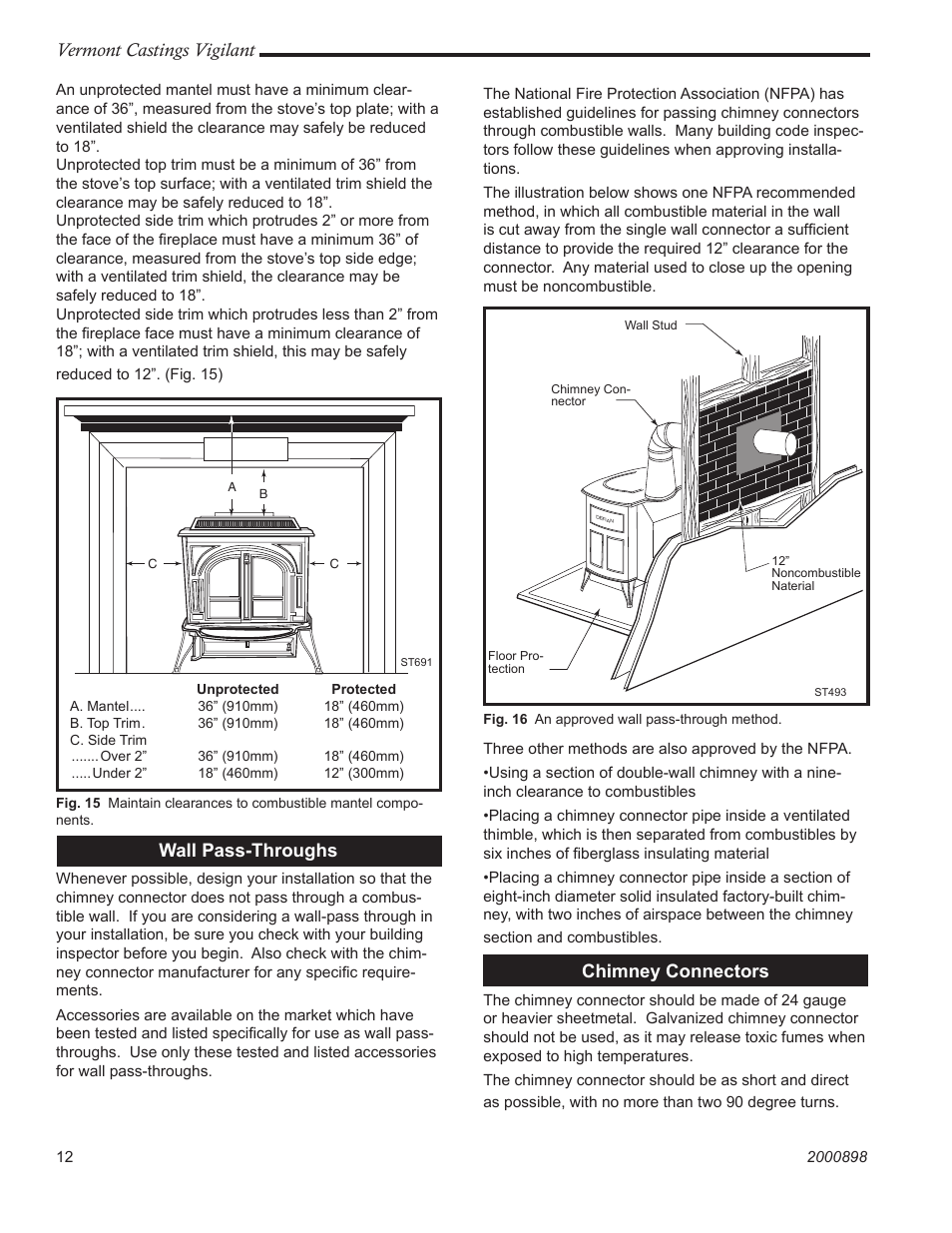 Vermont castings vigilant, Wall pass-throughs, Chimney connectors | Vermont Casting 2310 User Manual | Page 12 / 28