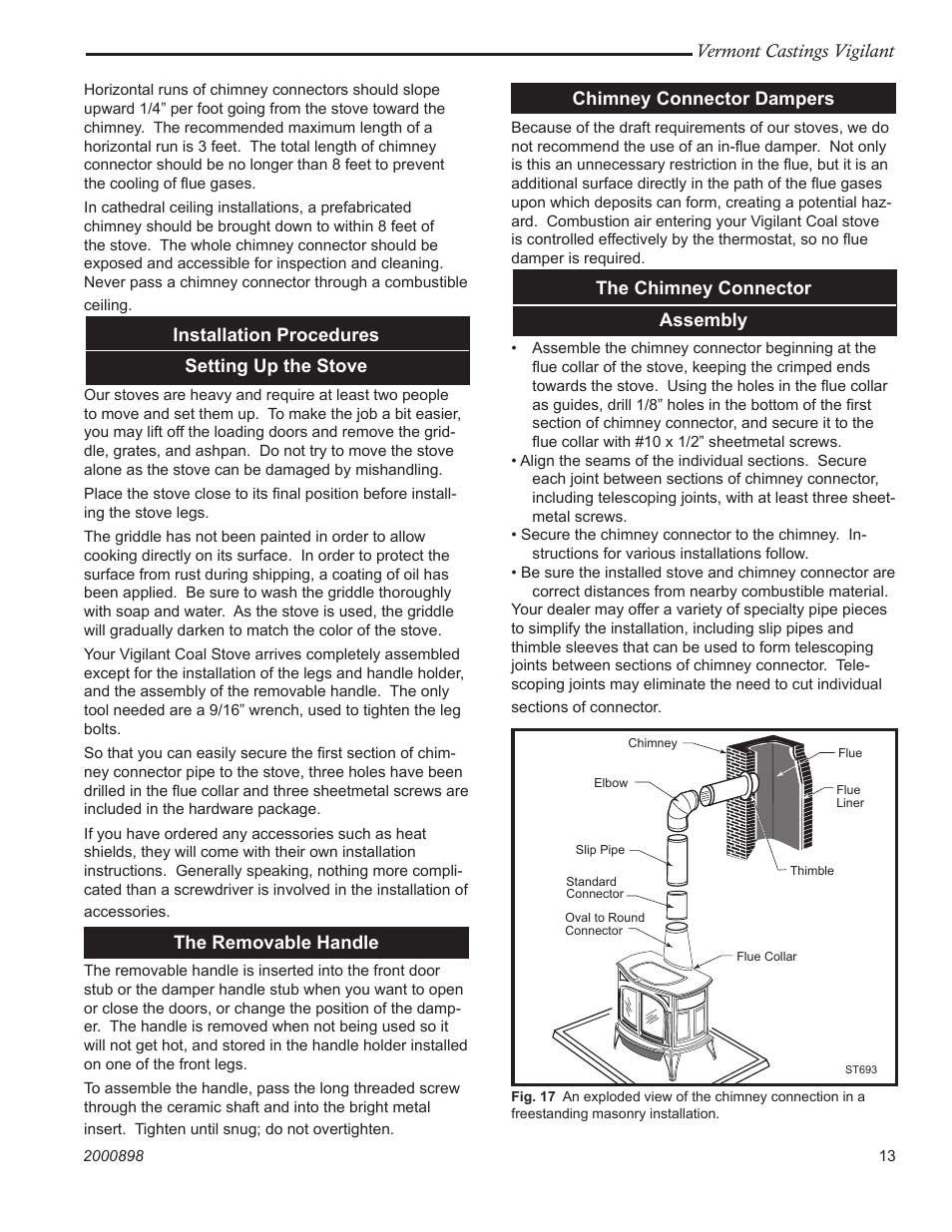 Vermont castings vigilant, Installation procedures setting up the stove, The removable handle | Chimney connector dampers, The chimney connector assembly | Vermont Casting 2310 User Manual | Page 13 / 28