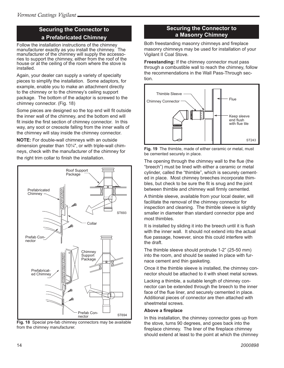 Vermont castings vigilant, Securing the connector to a prefabricated chimney, Securing the connector to a masonry chimney | Vermont Casting 2310 User Manual | Page 14 / 28