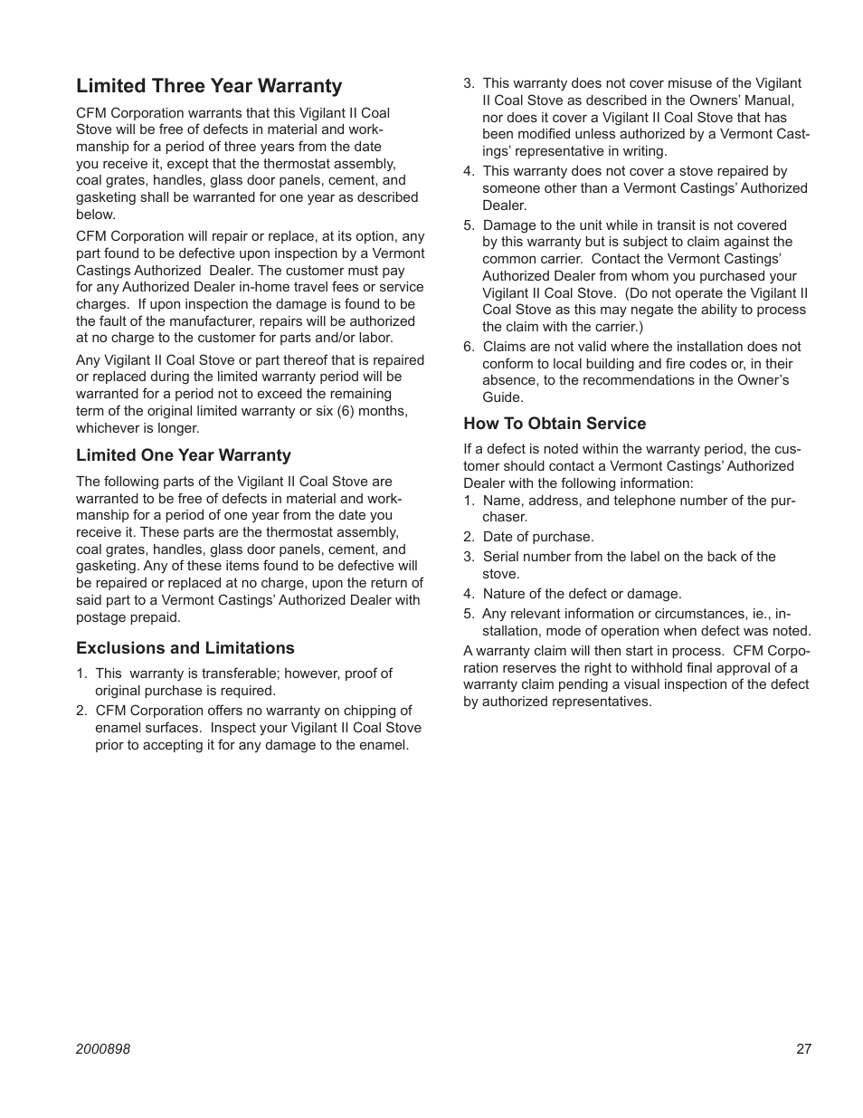 Limited three year warranty | Vermont Casting 2310 User Manual | Page 27 / 28