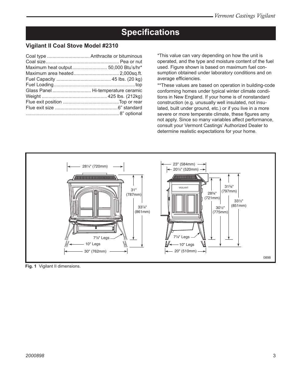 Speciﬁcations, Vermont castings vigilant, Vigilant ii coal stove model #2310 | Vermont Casting 2310 User Manual | Page 3 / 28