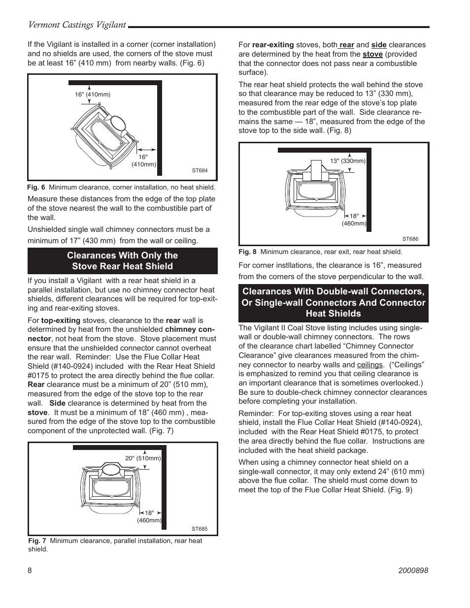 Vermont castings vigilant, Clearances with only the stove rear heat shield | Vermont Casting 2310 User Manual | Page 8 / 28