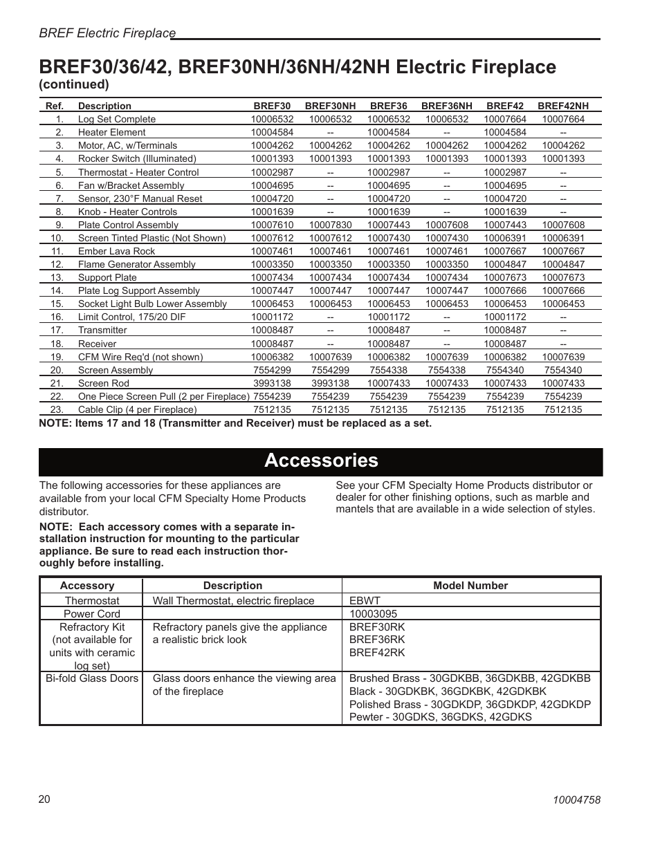 Accessories, Bref electric fireplace, Continued) | Vermont Casting BREF30 User Manual | Page 20 / 24