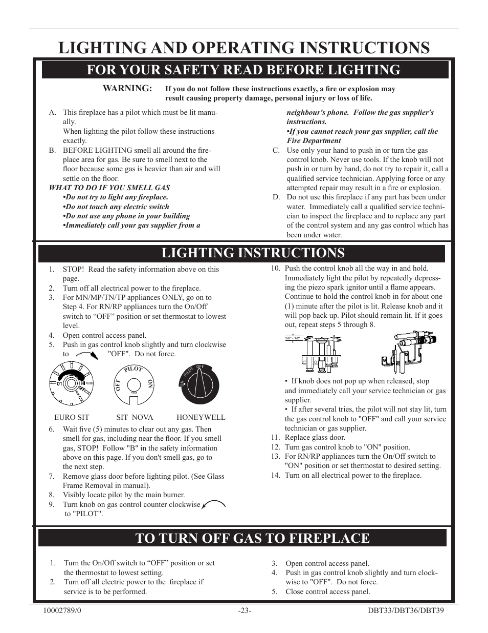 Lighting and operating instructions, Lighting instructions, For your safety read before lighting | Vermont Casting DBT36 User Manual | Page 23 / 34