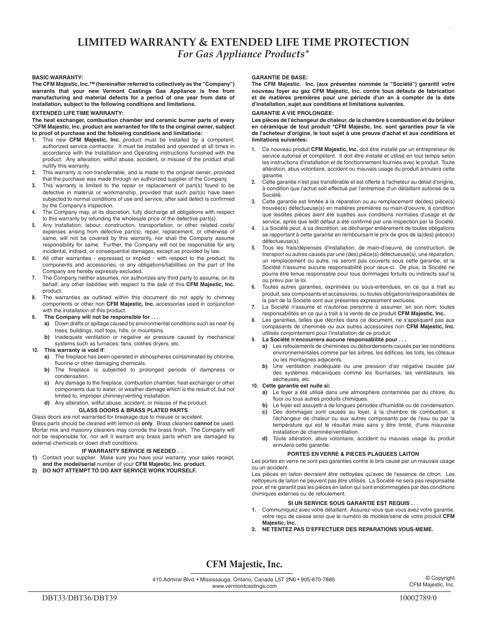 Limited warranty & extended life time protection, Cfm majestic, inc, For gas appliance products | Vermont Casting DBT36 User Manual | Page 34 / 34