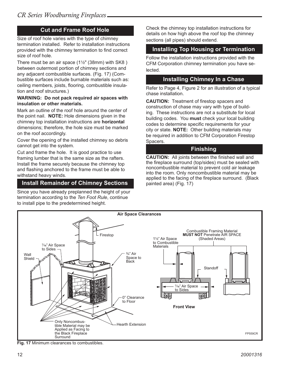 Cr series woodburning fireplaces, Cut and frame roof hole, Installing top housing or termination | Installing chimney in a chase, Finishing | Vermont Casting CR36L User Manual | Page 12 / 24