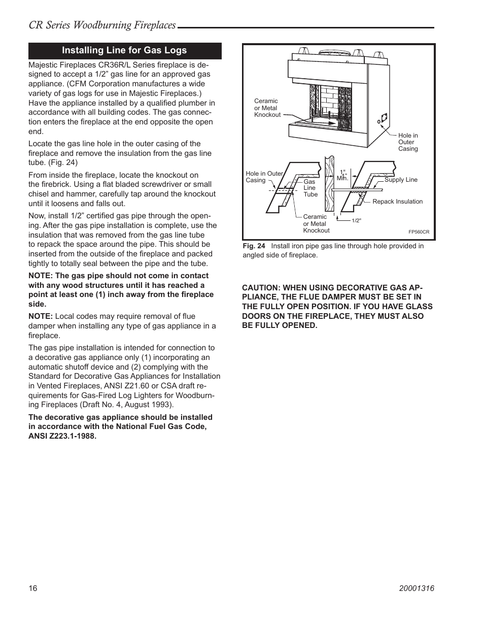 Cr series woodburning fireplaces, Installing line for gas logs | Vermont Casting CR36L User Manual | Page 16 / 24