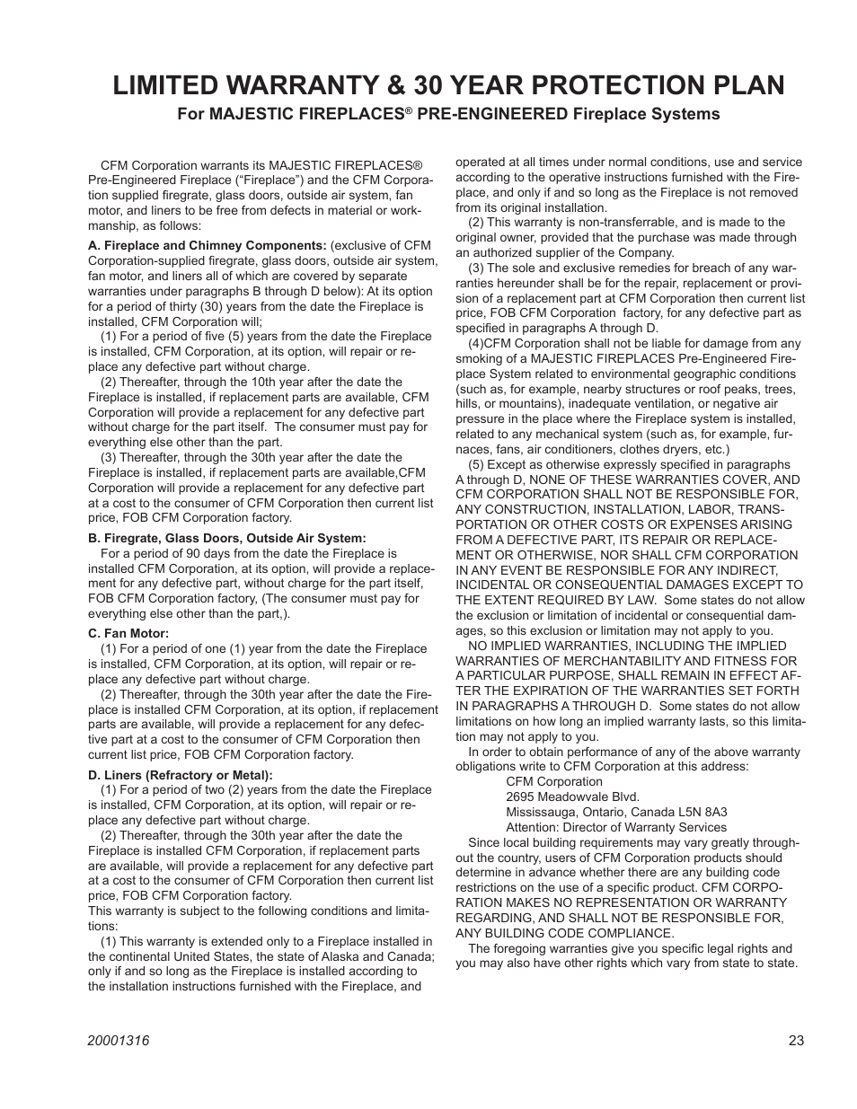 Limited warranty & 30 year protection plan, Cr series woodburning fireplaces | Vermont Casting CR36L User Manual | Page 23 / 24