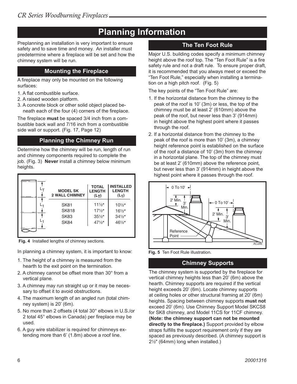 Planning information, Cr series woodburning fireplaces, Mounting the fireplace | Planning the chimney run, The ten foot rule, Chimney supports | Vermont Casting CR36L User Manual | Page 6 / 24