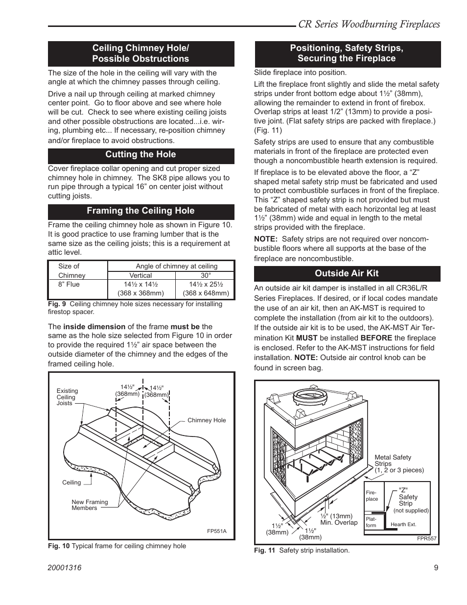 Cr series woodburning fireplaces, Ceiling chimney hole/ possible obstructions, Cutting the hole | Framing the ceiling hole, Positioning, safety strips, securing the fireplace, Outside air kit | Vermont Casting CR36L User Manual | Page 9 / 24