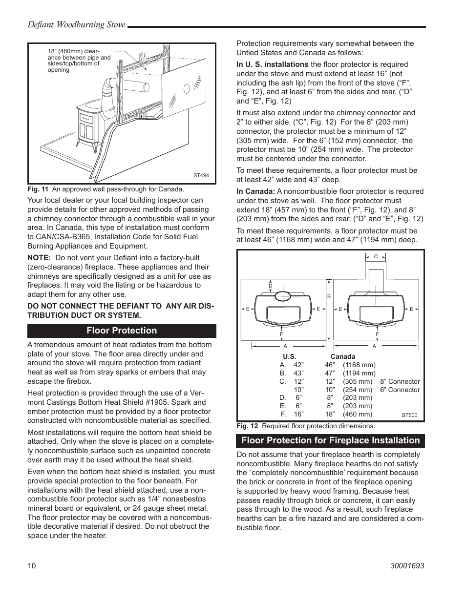 Defiant woodburning stove, Floor protection, Floor protection for fireplace installation | Vermont Casting 1945 User Manual | Page 10 / 40