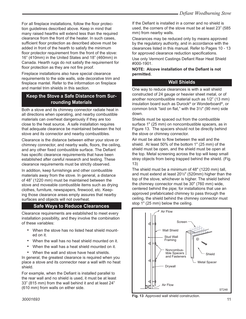 Defiant woodburning stove, Safe ways to reduce clearances, Wall shields | Vermont Casting 1945 User Manual | Page 11 / 40