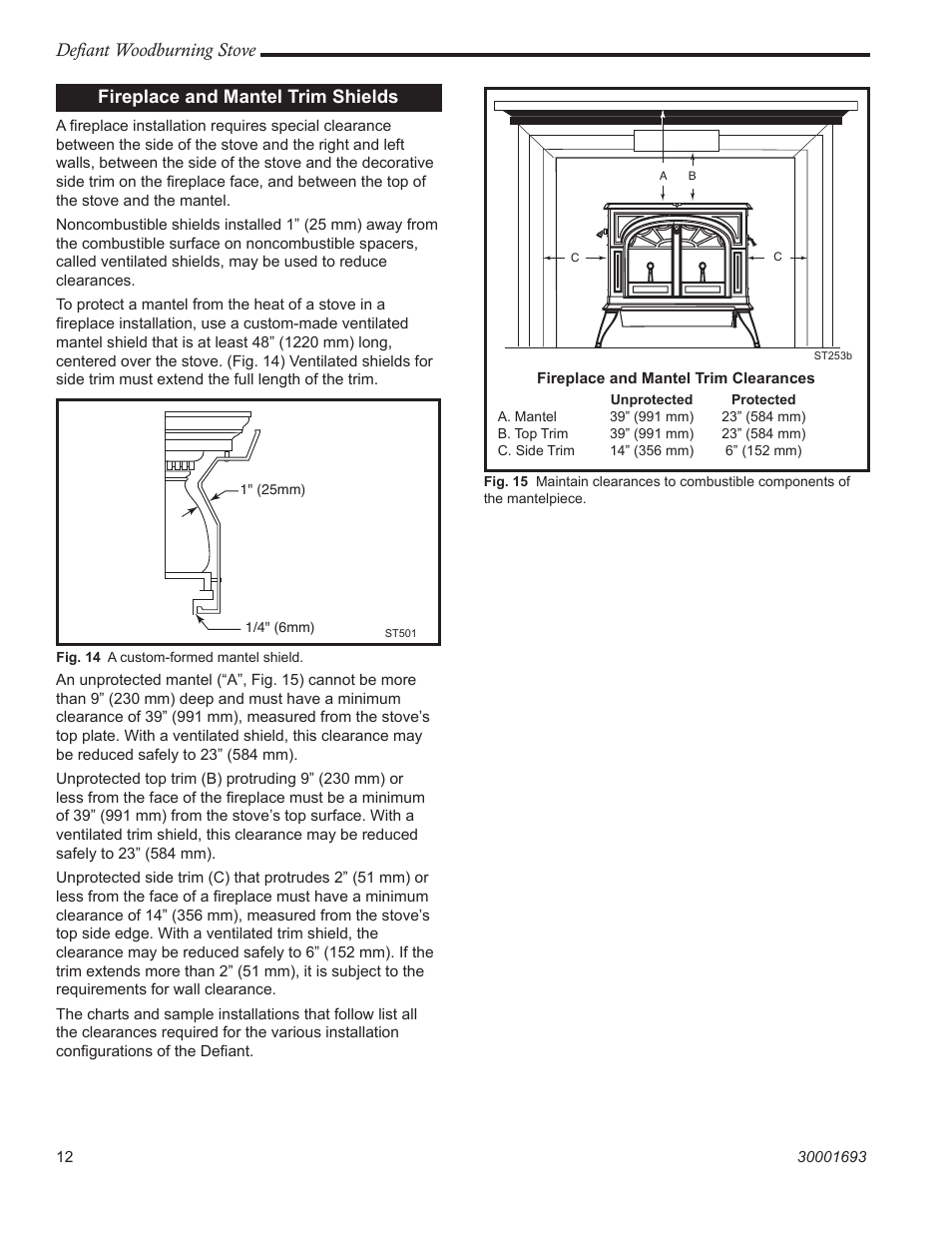 Defiant woodburning stove, Fireplace and mantel trim shields | Vermont Casting 1945 User Manual | Page 12 / 40