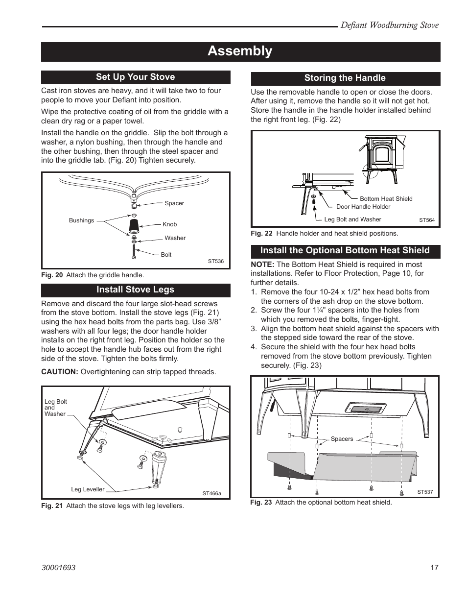 Assembly, St466a madison attach legs, Defiant woodburning stove | Set up your stove, Install stove legs, Storing the handle, Install the optional bottom heat shield | Vermont Casting 1945 User Manual | Page 17 / 40
