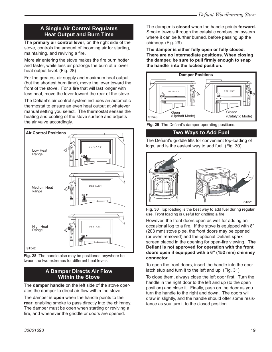 Defiant woodburning stove, A damper directs air flow within the stove, Two ways to add fuel | Vermont Casting 1945 User Manual | Page 19 / 40