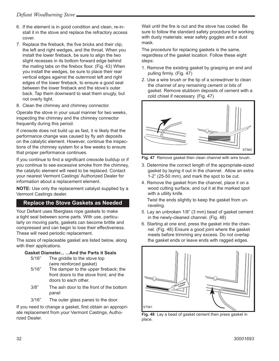 Defiant woodburning stove, Replace the stove gaskets as needed | Vermont Casting 1945 User Manual | Page 32 / 40