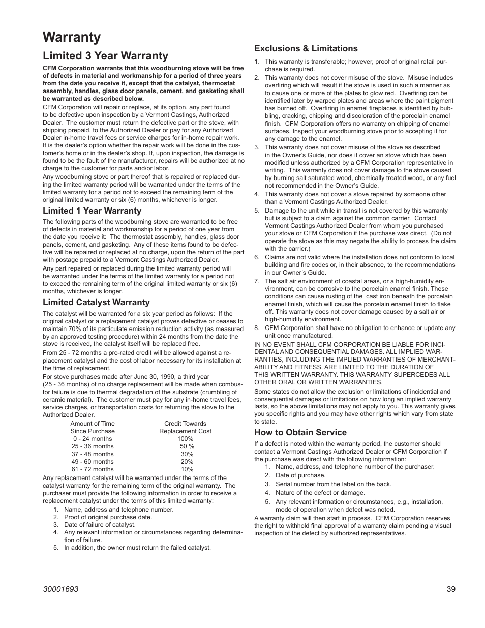 Warranty, Limited 3 year warranty, Defiant woodburning stove | Limited 1 year warranty, Limited catalyst warranty, Exclusions & limitations, How to obtain service | Vermont Casting 1945 User Manual | Page 39 / 40