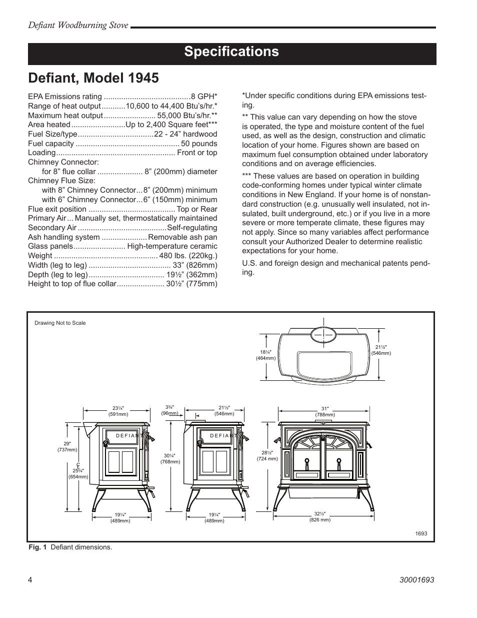 Speciﬁcations deﬁant, model 1945, Defiant woodburning stove | Vermont Casting 1945 User Manual | Page 4 / 40