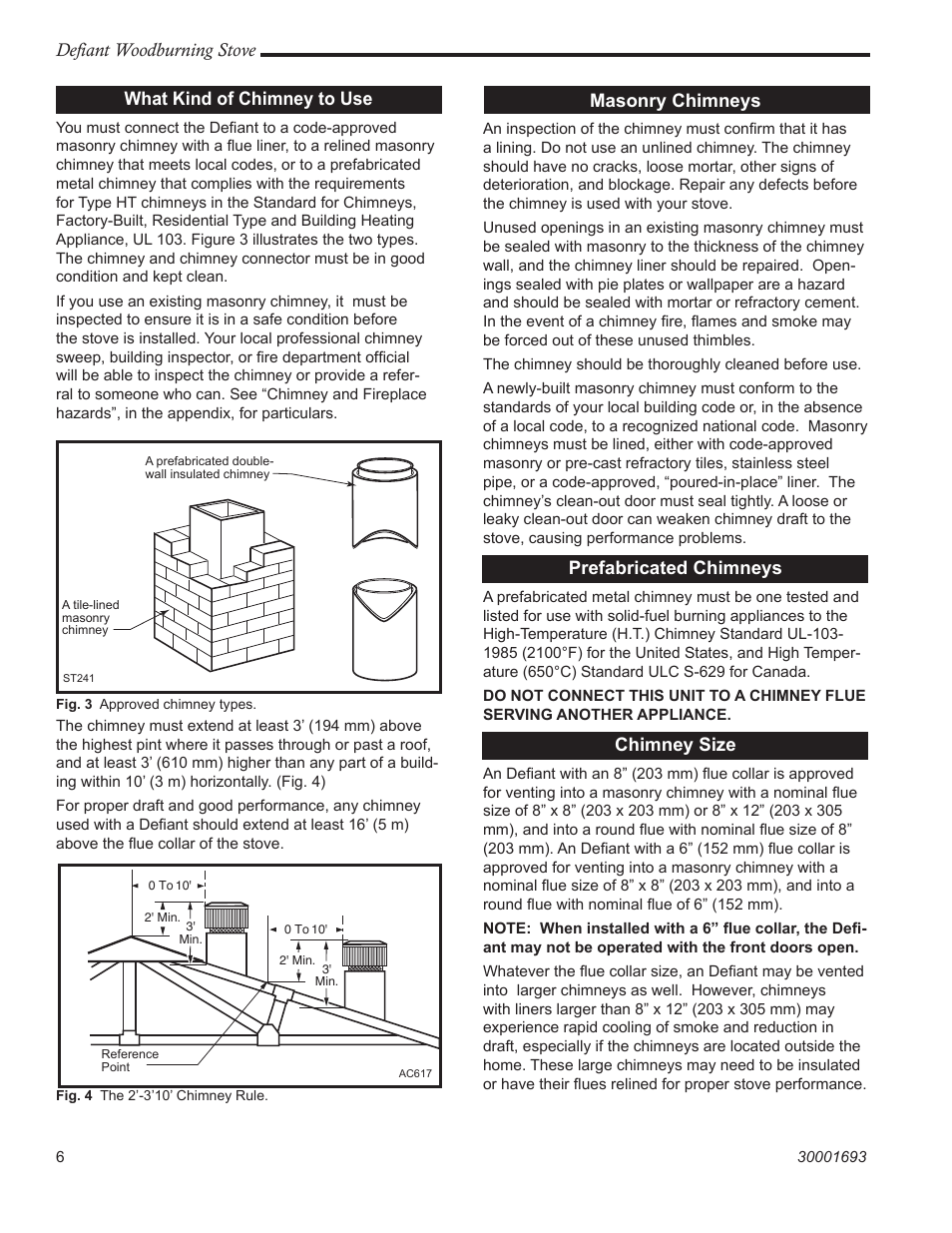 Defiant woodburning stove, What kind of chimney to use, Masonry chimneys | Prefabricated chimneys, Chimney size | Vermont Casting 1945 User Manual | Page 6 / 40