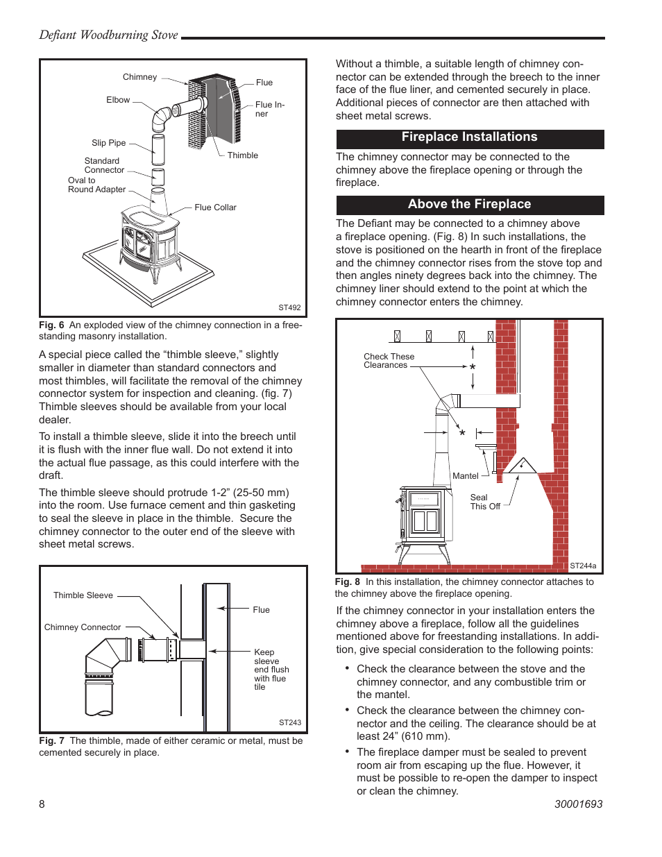 Defiant woodburning stove, Fireplace installations, Above the fireplace | Vermont Casting 1945 User Manual | Page 8 / 40