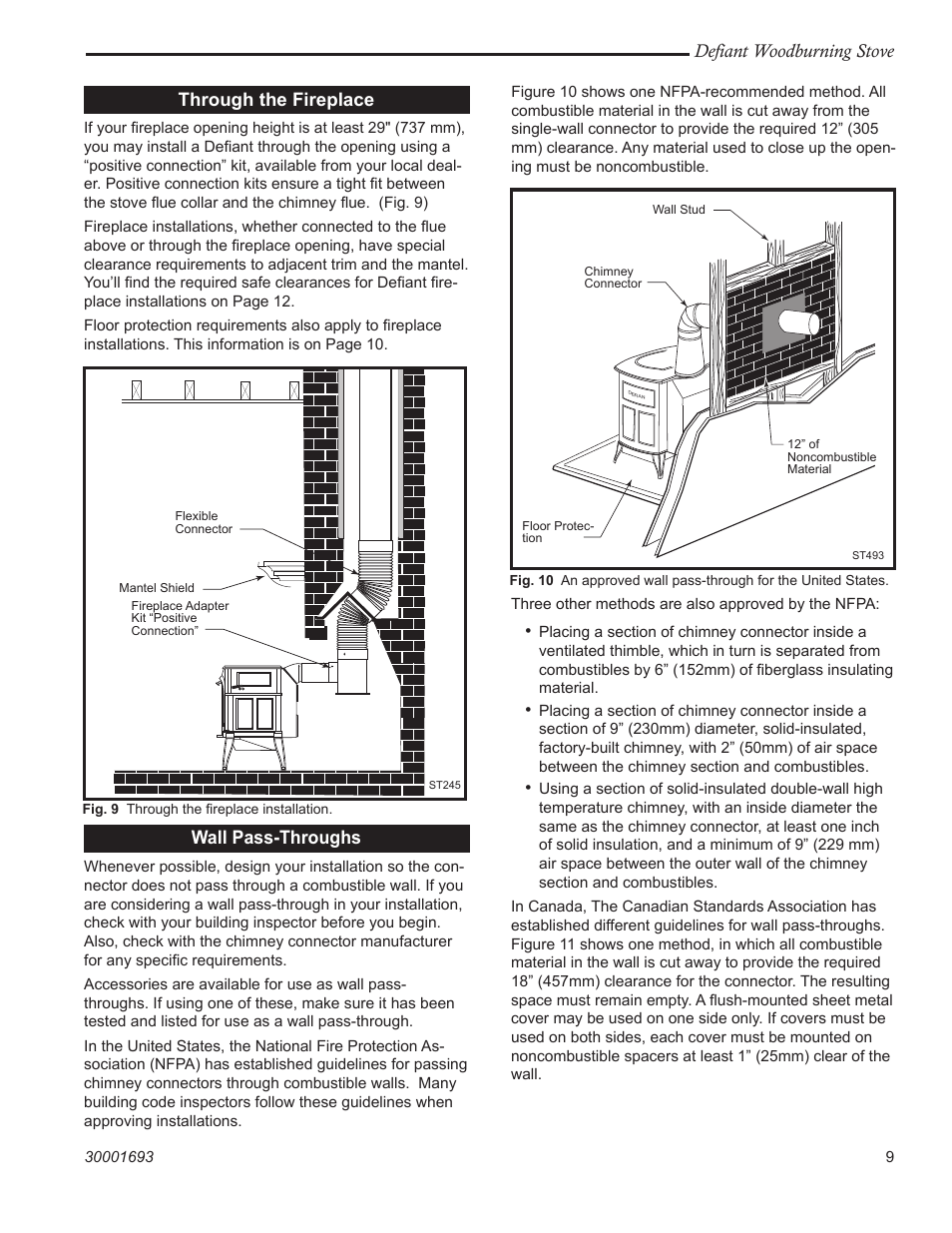 Defiant woodburning stove, Through the fireplace, Wall pass-throughs | Vermont Casting 1945 User Manual | Page 9 / 40