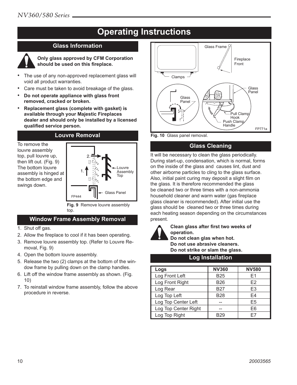 Operating instructions, Glass information, Louvre removal | Glass cleaning, Window frame assembly removal, Log installation | Vermont Casting NV580 User Manual | Page 10 / 28