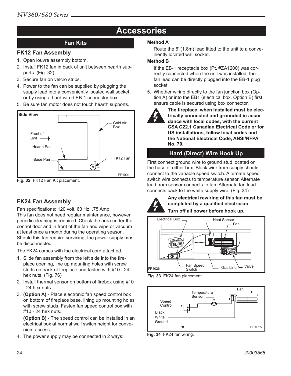 Accessories, Fan kits fk12 fan assembly, Fk24 fan assembly | Hard (direct) wire hook up | Vermont Casting NV580 User Manual | Page 24 / 28