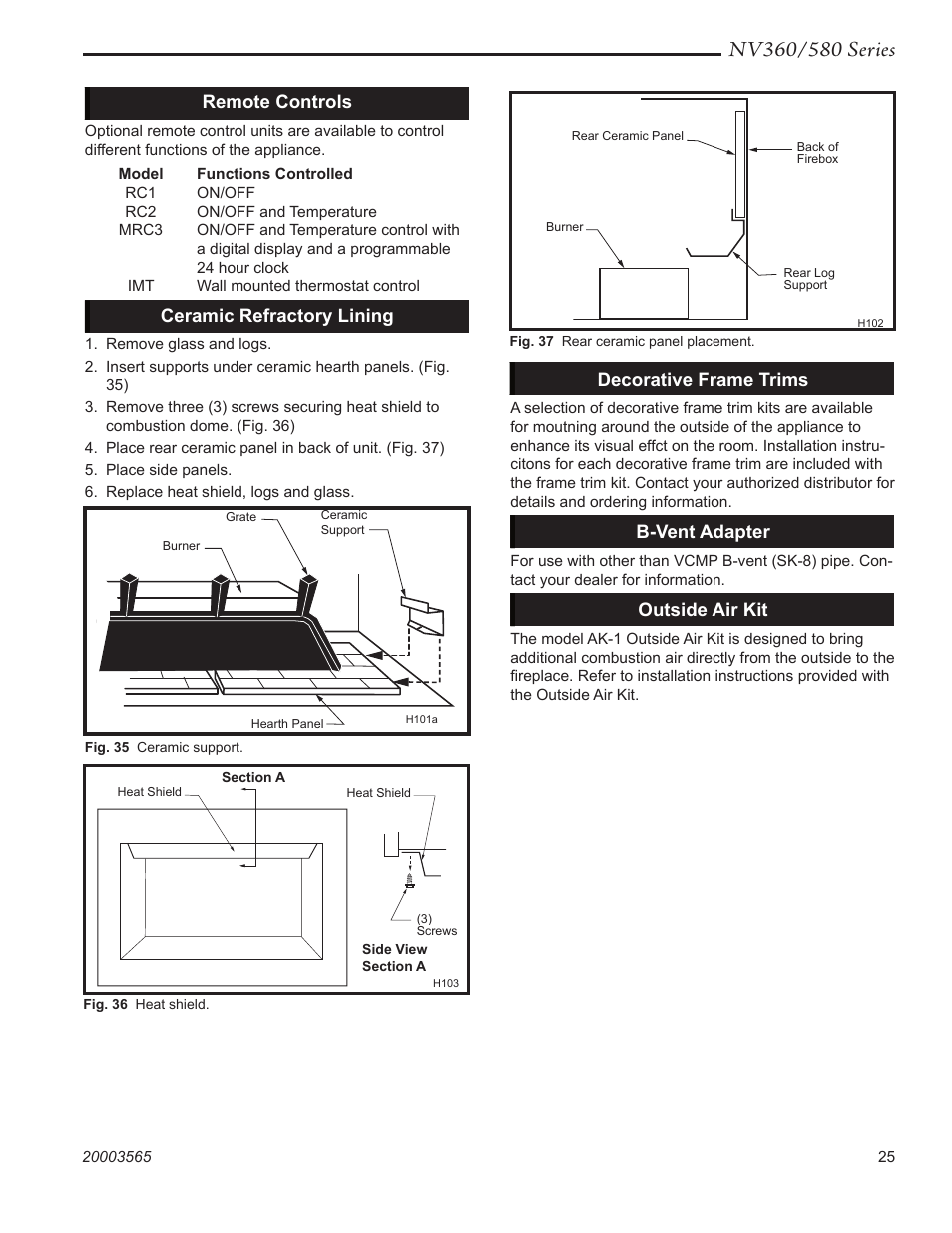 Remote controls, Ceramic refractory lining, Decorative frame trims | B-vent adapter, Outside air kit | Vermont Casting NV580 User Manual | Page 25 / 28