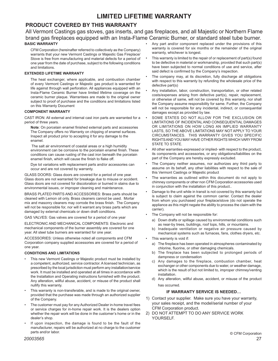 Limited lifetime warranty | Vermont Casting NV580 User Manual | Page 27 / 28