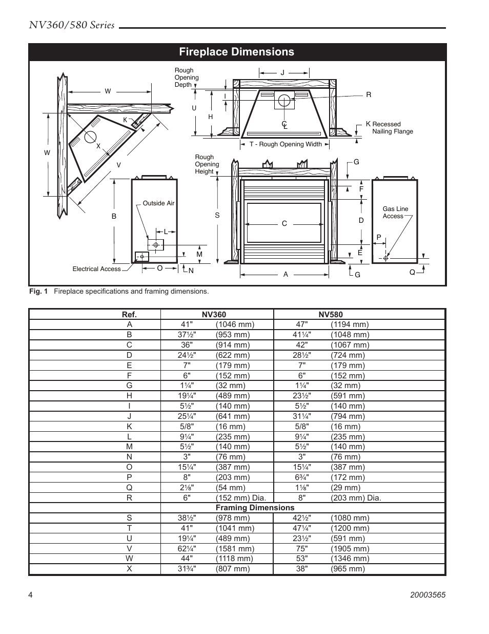 Fireplace dimensions | Vermont Casting NV580 User Manual | Page 4 / 28
