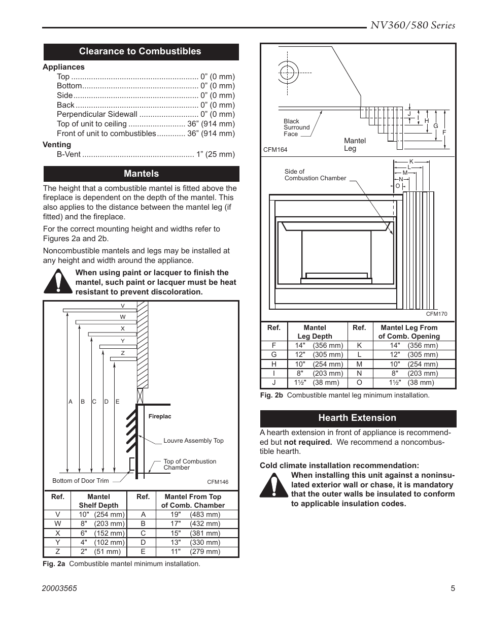 Clearance to combustibles, Mantels, Hearth extension | Vermont Casting NV580 User Manual | Page 5 / 28