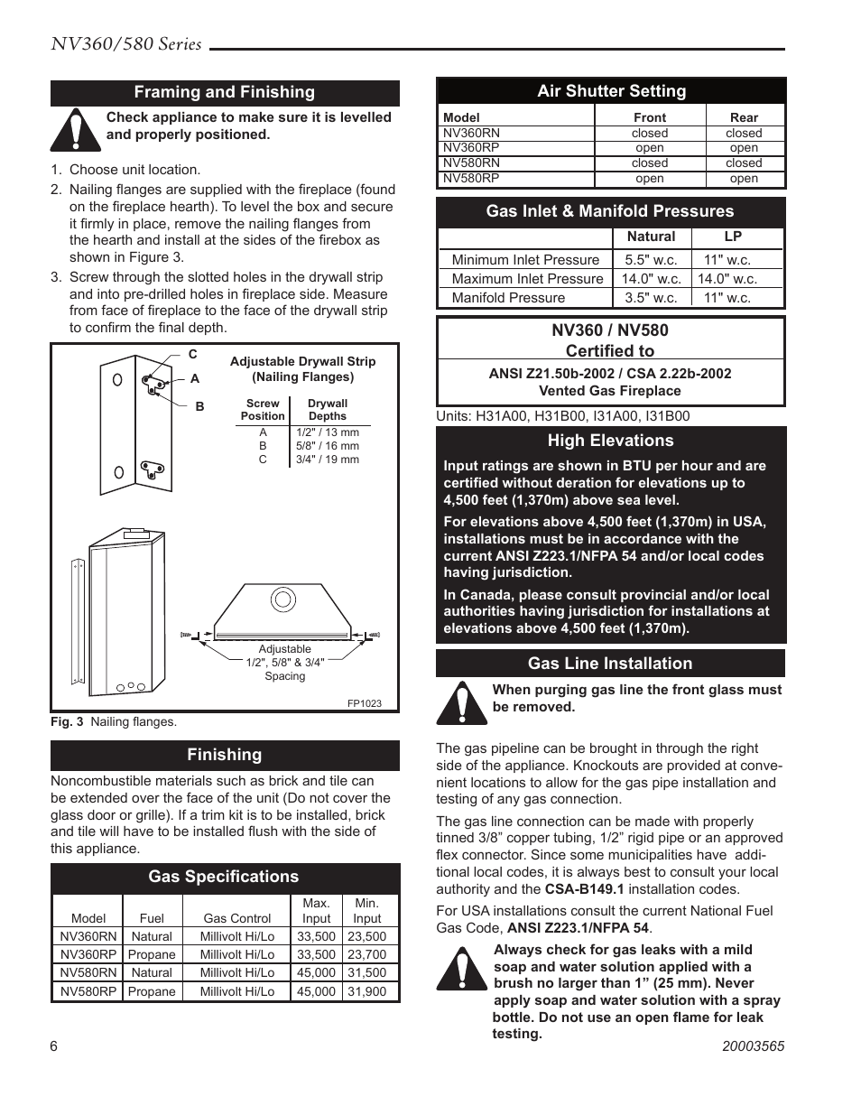 Gas line installation, Framing and finishing, Finishing | Gas speciﬁcations, High elevations, Gas inlet & manifold pressures, Air shutter setting | Vermont Casting NV580 User Manual | Page 6 / 28
