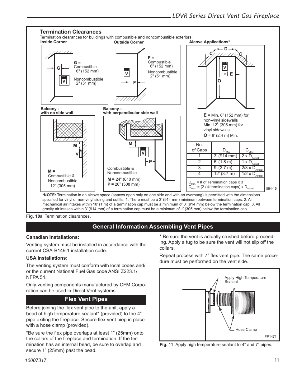 Fp1471 flex vent, Ldvr series direct vent gas fireplace, General information assembling vent pipes | Flex vent pipes, Termination clearances | Vermont Casting 36LDVR User Manual | Page 11 / 40