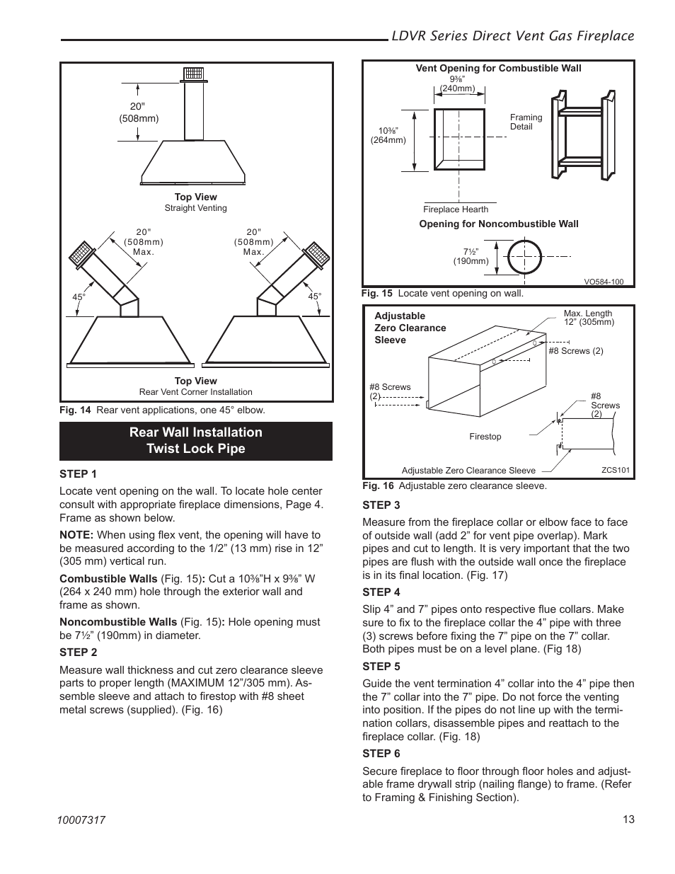 Ldvr series direct vent gas fireplace, Rear wall installation twist lock pipe | Vermont Casting 36LDVR User Manual | Page 13 / 40