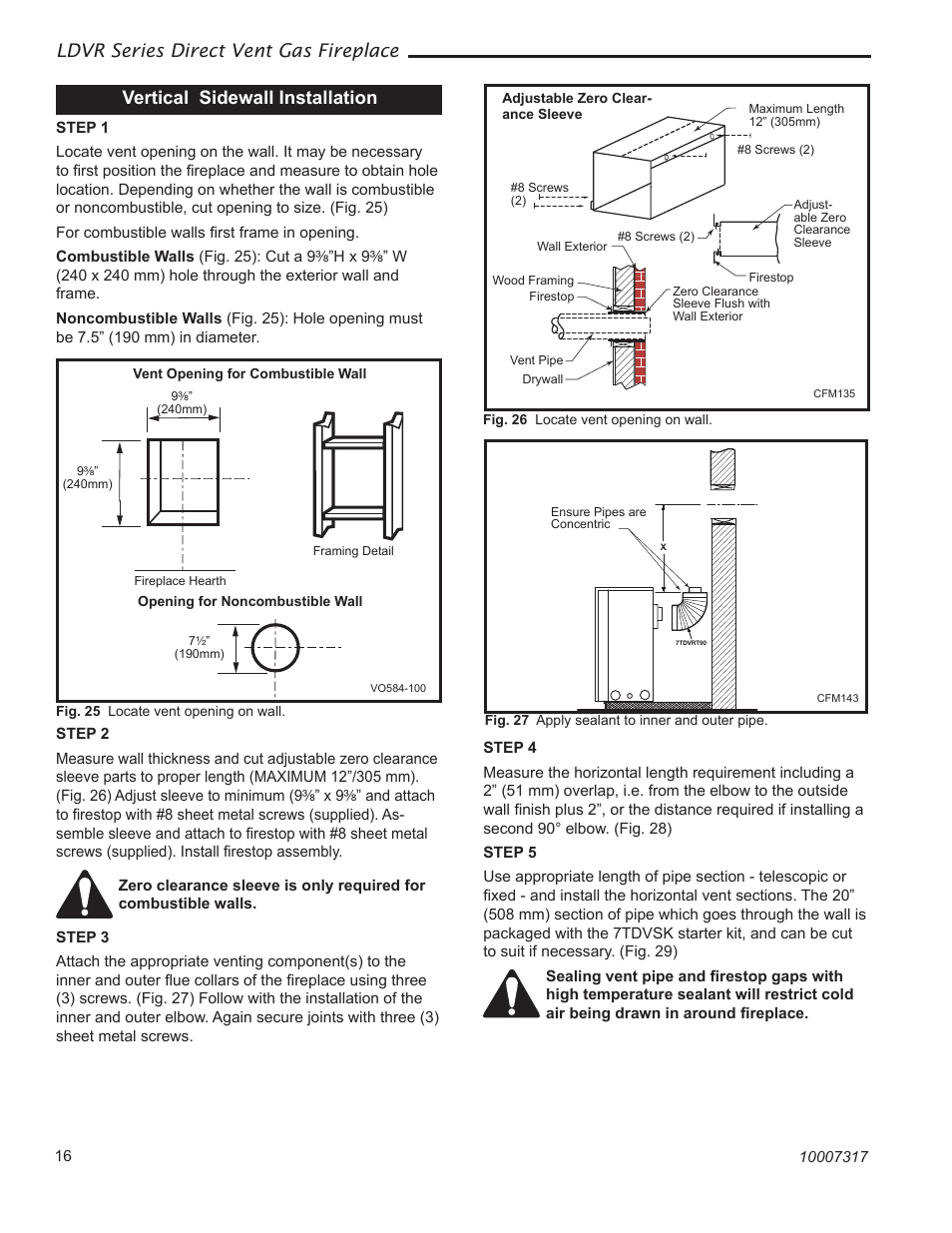 Ldvr series direct vent gas fireplace, Vertical sidewall installation | Vermont Casting 36LDVR User Manual | Page 16 / 40