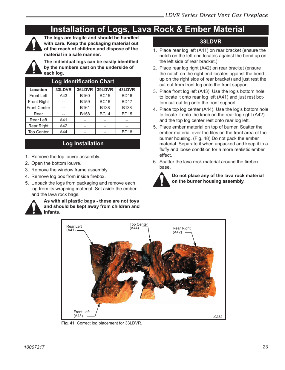 Installation of logs, lava rock & ember material | Vermont Casting 36LDVR User Manual | Page 23 / 40