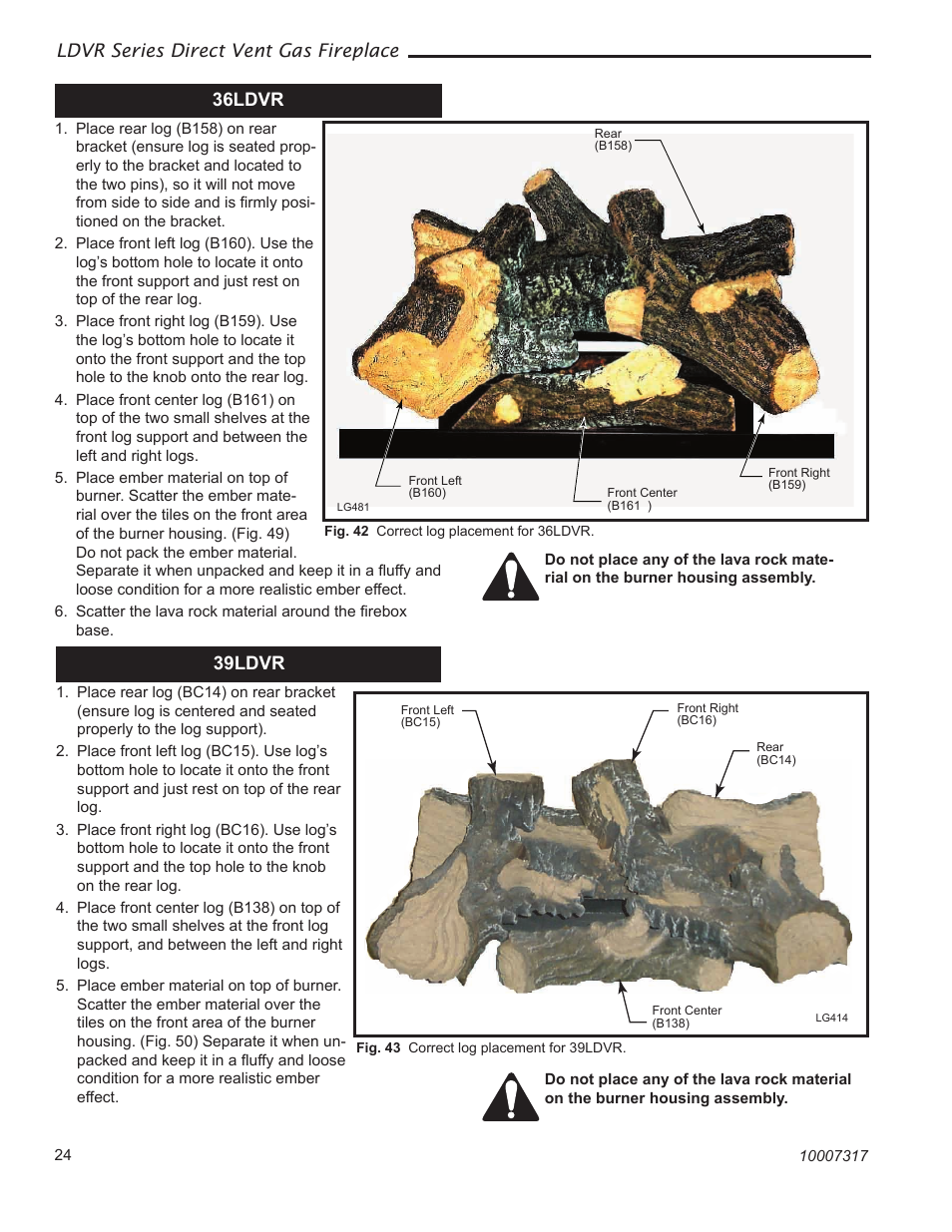 Ldvr series direct vent gas fireplace, 36ldvr, 39ldvr | Vermont Casting 36LDVR User Manual | Page 24 / 40