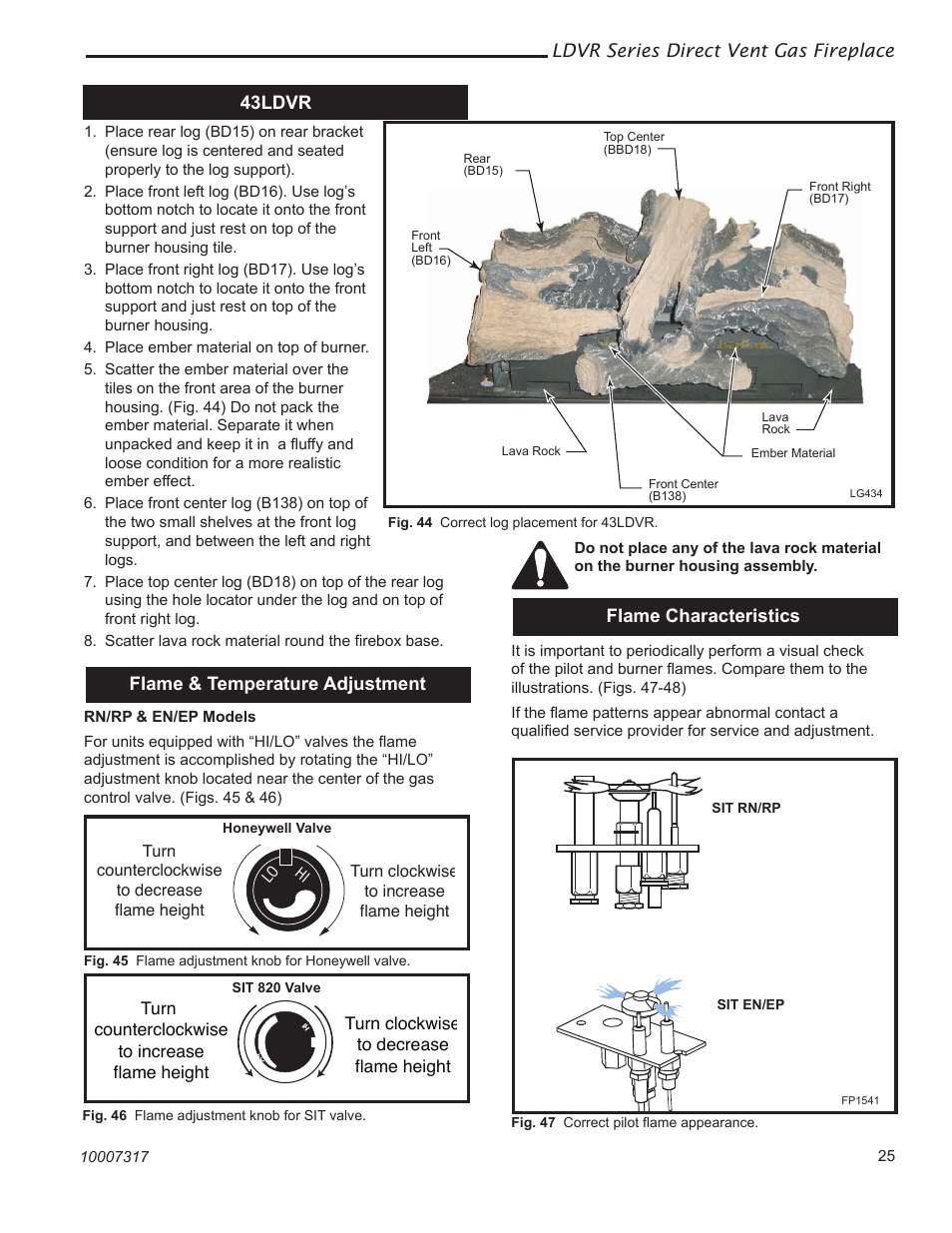 Ldvr series direct vent gas fireplace, 43ldvr, Flame & temperature adjustment | Flame characteristics | Vermont Casting 36LDVR User Manual | Page 25 / 40