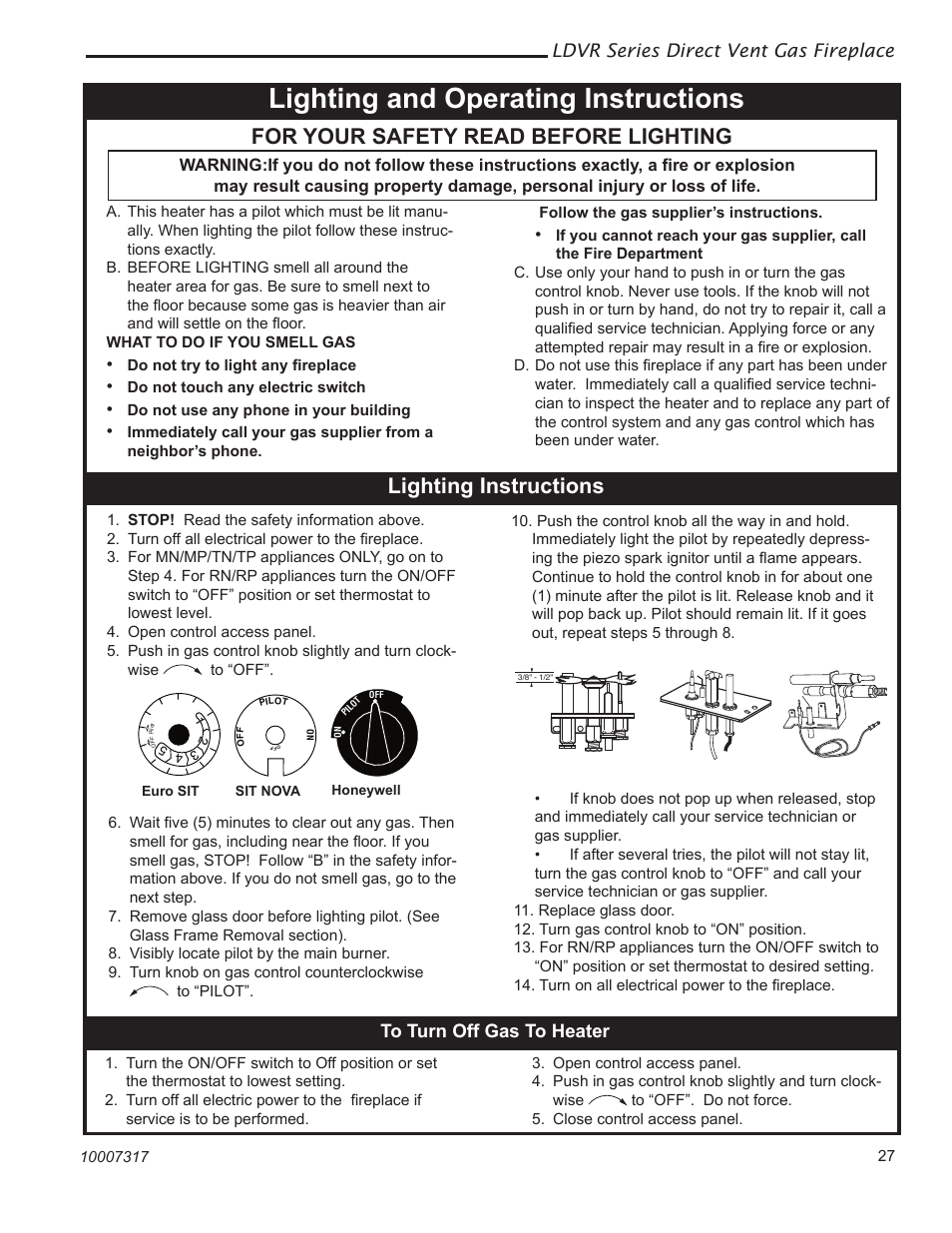 Lighting and operating instructions, For your safety read before lighting, Lighting instructions | Ldvr series direct vent gas fireplace | Vermont Casting 36LDVR User Manual | Page 27 / 40