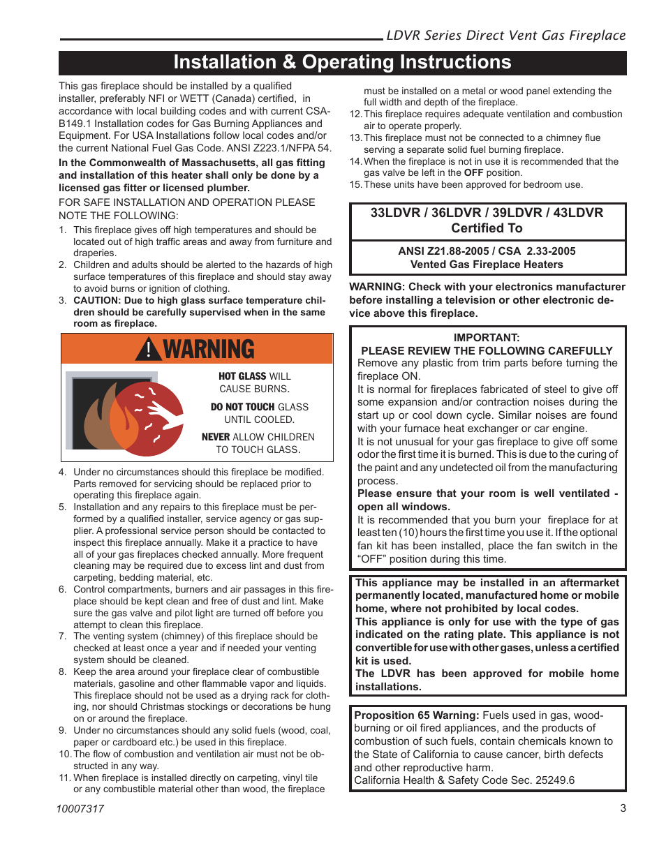 Installation & operating instructions | Vermont Casting 36LDVR User Manual | Page 3 / 40