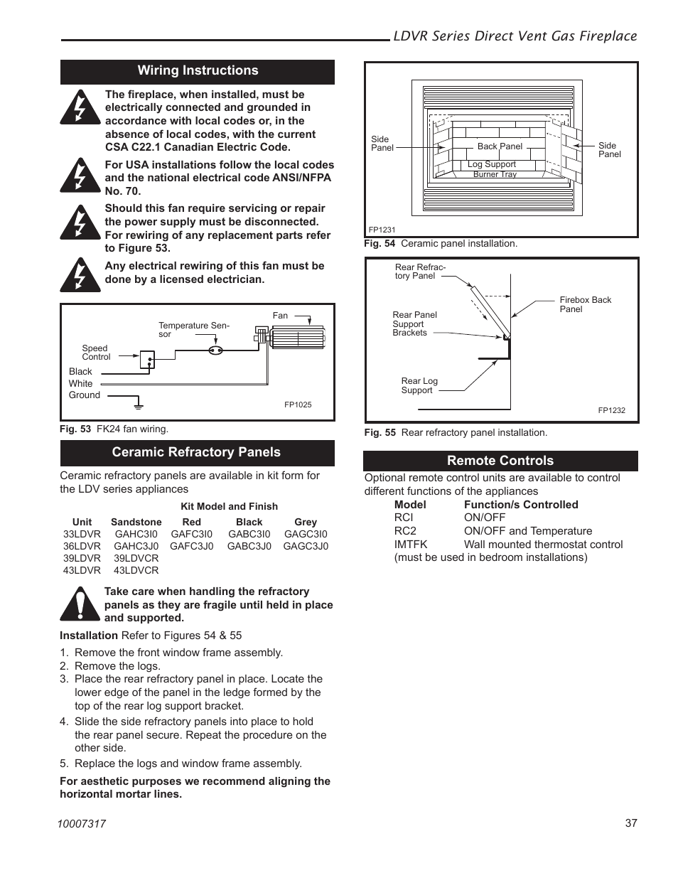 Ldvr series direct vent gas fireplace, Ceramic refractory panels, Wiring instructions | Remote controls | Vermont Casting 36LDVR User Manual | Page 37 / 40