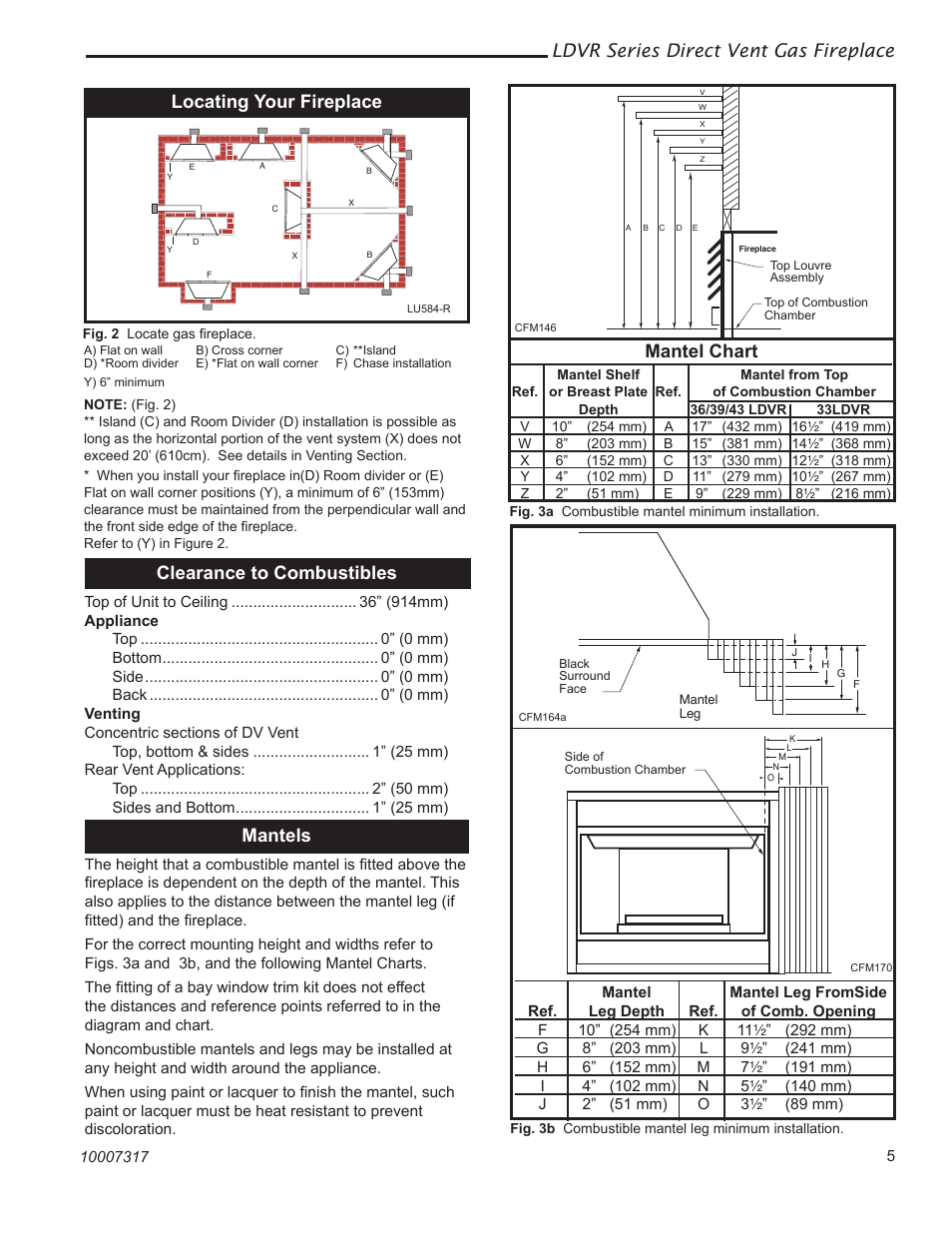 Ldvr series direct vent gas fireplace, Locating your fireplace, Mantels | Clearance to combustibles, Mantel chart | Vermont Casting 36LDVR User Manual | Page 5 / 40