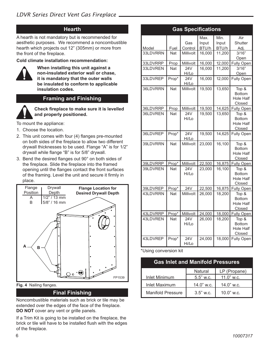Ldvr series direct vent gas fireplace, Hearth, Final finishing framing and finishing | Gas inlet and manifold pressures, Gas speciﬁcations | Vermont Casting 36LDVR User Manual | Page 6 / 40