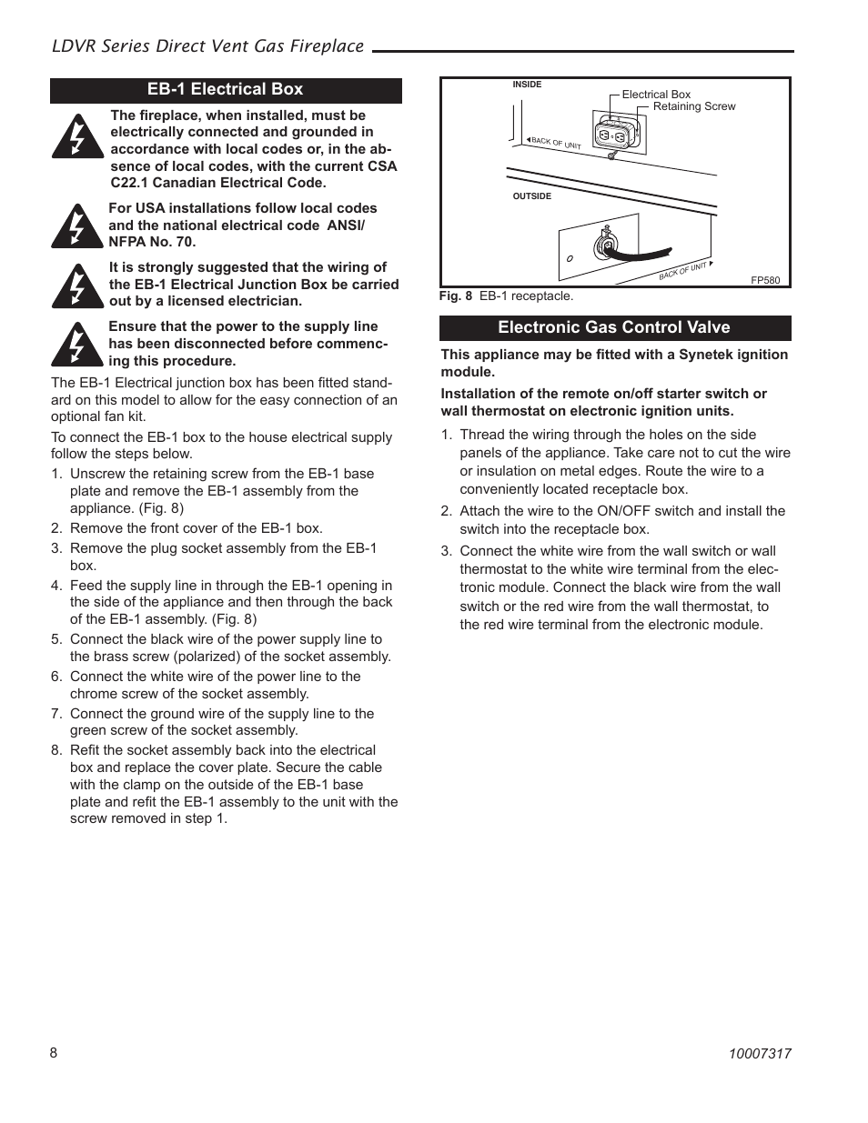 Ldvr series direct vent gas fireplace, Electronic gas control valve eb-1 electrical box | Vermont Casting 36LDVR User Manual | Page 8 / 40