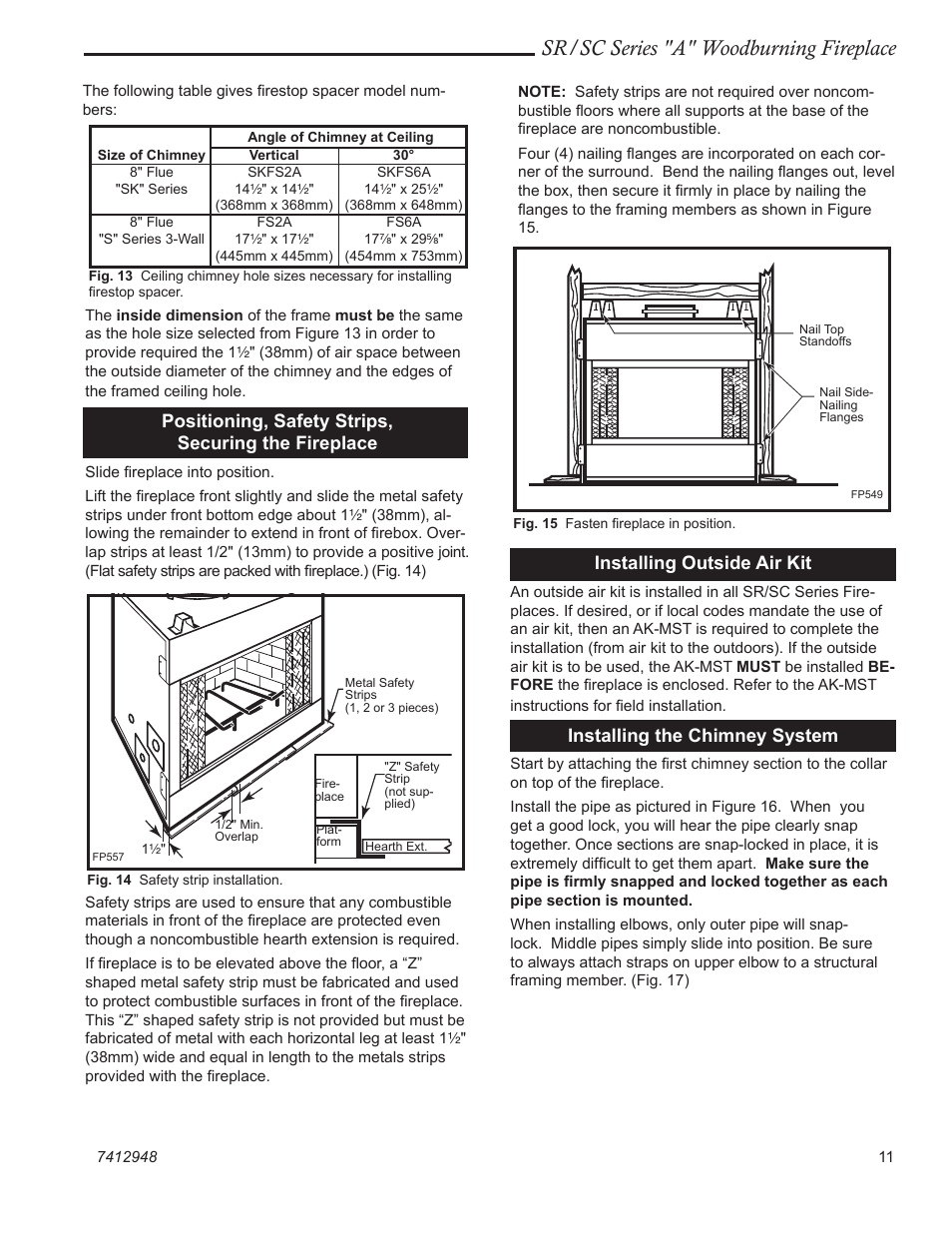 Sr/sc series "a" woodburning fireplace, Installing outside air kit, Installing the chimney system | Positioning, safety strips, securing the fireplace | Vermont Casting SR42A User Manual | Page 11 / 24