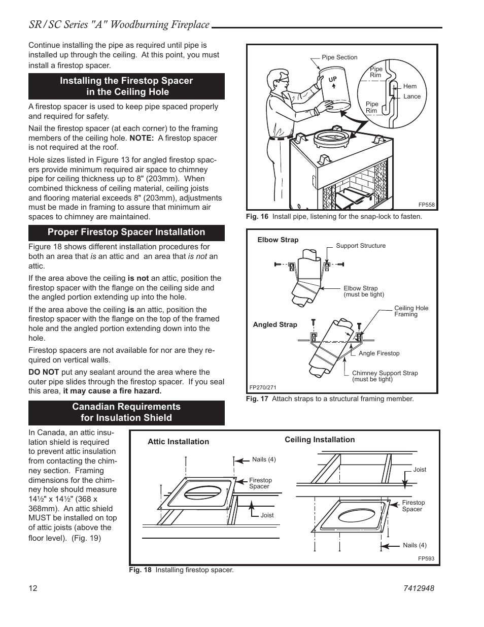 Sr/sc series "a" woodburning fireplace, Installing the firestop spacer in the ceiling hole, Proper firestop spacer installation | Canadian requirements for insulation shield | Vermont Casting SR42A User Manual | Page 12 / 24