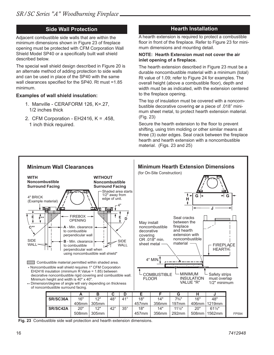 Sr/sc series "a" woodburning fireplace, Hearth installation, Minimum wall clearances | Minimum hearth extension dimensions, Side wall protection | Vermont Casting SR42A User Manual | Page 16 / 24