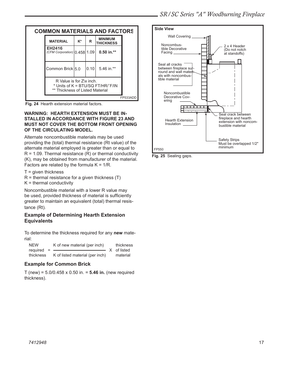 Sr/sc series "a" woodburning fireplace, Common materials and factors, Example for common brick | Vermont Casting SR42A User Manual | Page 17 / 24