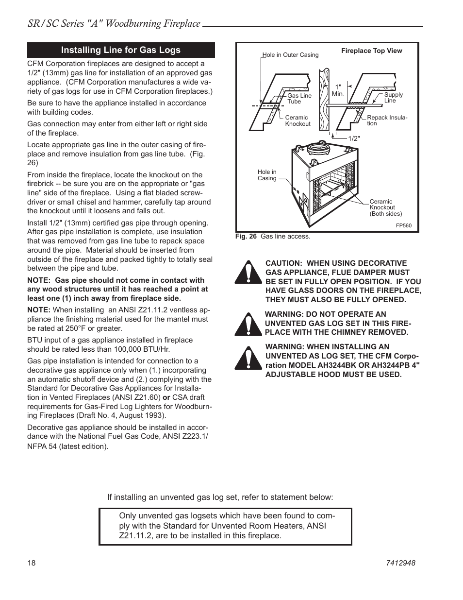 Sr/sc series "a" woodburning fireplace, Installing line for gas logs | Vermont Casting SR42A User Manual | Page 18 / 24