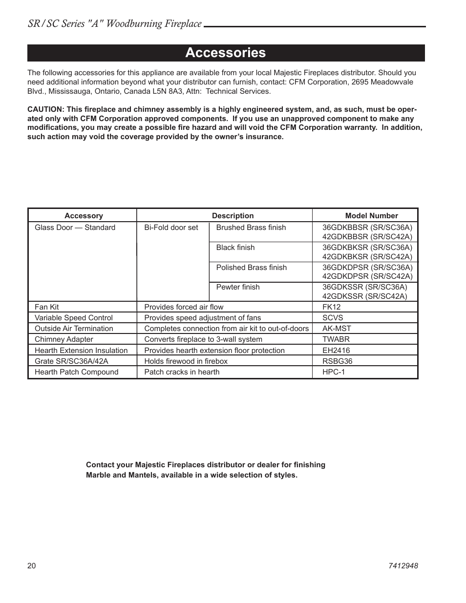 Accessories, Sr/sc series "a" woodburning fireplace | Vermont Casting SR42A User Manual | Page 20 / 24
